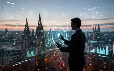 Futuristische digitale Schnittstelle mit Datenströmen über deutscher Stadtsilhouette in der Dämmerung, symbolisiert digitale Befähigung und Beratung. - Foto: über boerse-global.de