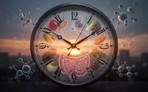 Eine stilisierte Uhr zeigt die Abendstunden mit abstrakten Darstellungen von Stoffwechselprozessen oder Nahrung. Fokus auf Gewichtsverlust. - Foto: über boerse-global.de
