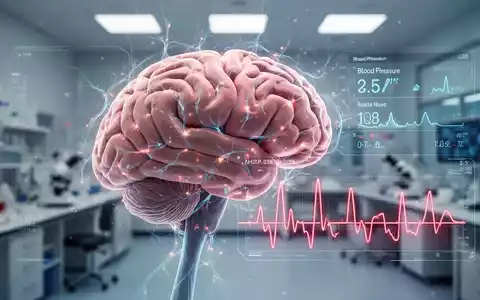Ein stilisiertes menschliches Gehirn mit leuchtenden neuronalen Pfaden und digitalen Anzeigen von Blutdruck und Herzfrequenz. - Foto: über boerse-global.de