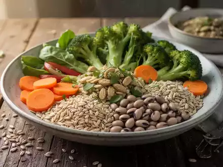 Nahaufnahme einer gesunden Mahlzeit mit frischem Gemüse, Vollkornprodukten und Hülsenfrüchten auf einem Holztisch. - Foto: über boerse-global.de