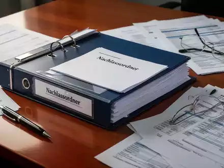 Ein ordentlicher Ordner mit der Aufschrift „Nachlassordner“ auf einem Schreibtisch, umgeben von Dokumenten und Brille. - Foto: über boerse-global.de