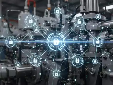 Ein stilisiertes digitales Netzwerk mit leuchtenden Knotenpunkten und Datenströmen über unscharfen Industriemaschinen. - Foto: über boerse-global.de