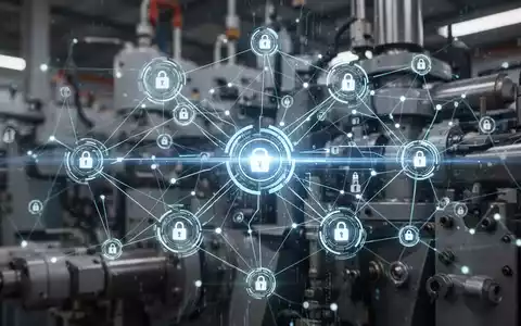 Ein stilisiertes digitales Netzwerk mit leuchtenden Knotenpunkten und Datenströmen über unscharfen Industriemaschinen. - Foto: über boerse-global.de