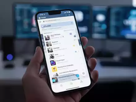 Eine Hand hält ein Smartphone mit geöffnetem Vivaldi-Browser und mehreren Tabs vor unscharfem Hintergrund. - Foto: über boerse-global.de