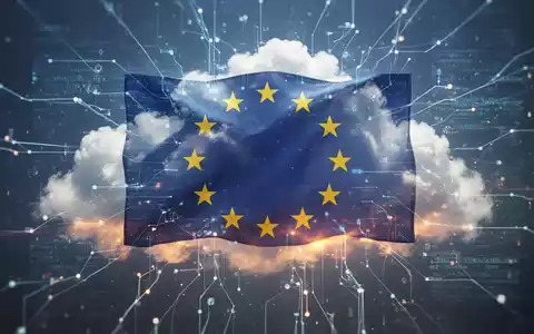 Eine stilisierte digitale Wolkenformation, teilweise von einer holografischen EU-Flagge verdeckt, symbolisiert Cloud-Regulierung. - Foto: über boerse-global.de