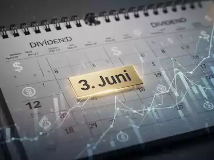 Ein Kalenderblatt, auf dem der 3. Juni hervorgehoben ist, umgeben von stilisierten Finanzdiagrammen und Dividendensymbolen. - Foto: über boerse-global.de