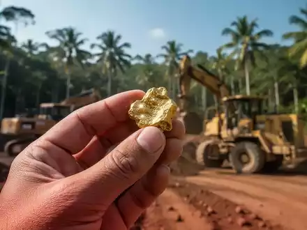 Eine Hand hält ein kleines Goldnugget, im Hintergrund verschwommen Bergbauausrüstung und tropischer Wald. - Foto: über boerse-global.de