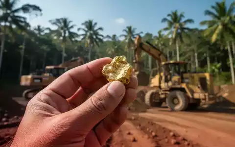 Eine Hand hält ein kleines Goldnugget, im Hintergrund verschwommen Bergbauausrüstung und tropischer Wald. - Foto: über boerse-global.de