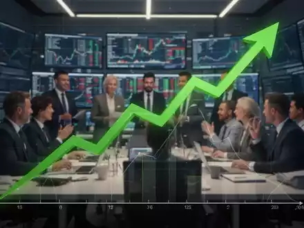 Ein stilisierter, aufwärts gerichteter Liniengraph mit grünen Pfeilen über einem unscharfen Hintergrund von Investoren in einem Handelsraum. - Foto: über boerse-global.de