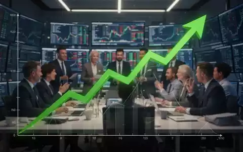 Ein stilisierter, aufwärts gerichteter Liniengraph mit grünen Pfeilen über einem unscharfen Hintergrund von Investoren in einem Handelsraum. - Foto: über boerse-global.de