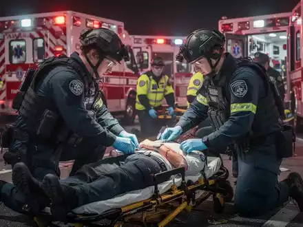 Sanitäter in taktischer Ausrüstung versorgen simulierte Verletzte bei einem Massenunfall, mit Fokus auf Traumabehandlung und Einsatzfahrzeugen im Hintergrund. - Foto: über boerse-global.de