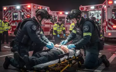 Sanitäter in taktischer Ausrüstung versorgen simulierte Verletzte bei einem Massenunfall, mit Fokus auf Traumabehandlung und Einsatzfahrzeugen im Hintergrund. - Foto: über boerse-global.de