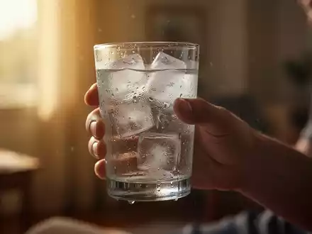 Nahaufnahme einer Hand, die ein Glas Eiswasser hält, mit Kondenswasser am Glas. Im Hintergrund verschwommene, warme Raumlichteffekte. - Foto: über boerse-global.de