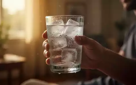 Nahaufnahme einer Hand, die ein Glas Eiswasser hält, mit Kondenswasser am Glas. Im Hintergrund verschwommene, warme Raumlichteffekte. - Foto: über boerse-global.de