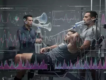 Ein futuristisches Interface mit KI-generierten Daten und Diagrammen überlagert ein verschwommenes Bild eines Athleten bei Leistungstests. - Foto: über boerse-global.de