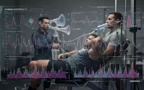 Ein futuristisches Interface mit KI-generierten Daten und Diagrammen überlagert ein verschwommenes Bild eines Athleten bei Leistungstests. - Foto: über boerse-global.de