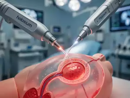 Nahaufnahme eines modernen urologischen Holmiumlasers, der auf ein anatomisches Modell des Harntrakts gerichtet ist. - Foto: über boerse-global.de