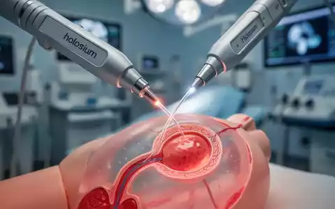 Nahaufnahme eines modernen urologischen Holmiumlasers, der auf ein anatomisches Modell des Harntrakts gerichtet ist. - Foto: über boerse-global.de