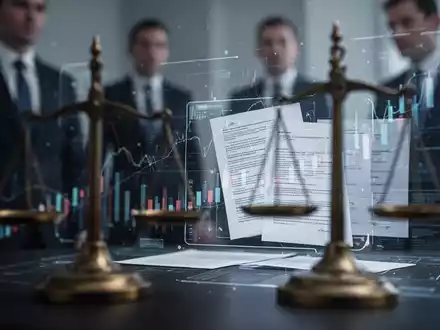 Abstrakte Darstellung einer Finanzprüfung durch die BaFin, mit stilisierten rechtlichen Symbolen und unscharfen Geschäftszahlen im Hintergrund. - Foto: über boerse-global.de