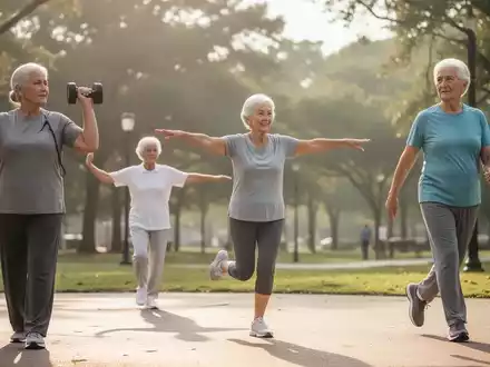 Aktive Senioren beim Krafttraining, Tai Chi und Spazierengehen, die körperliche Fitness und Vitalität im Alter demonstrieren. - Foto: über boerse-global.de