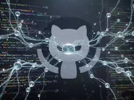Digitale Illustration von verbundenen Knoten und Linien, die KI darstellen, mit dem GitHub-Octocat-Logo im Hintergrund. - Foto: über boerse-global.de