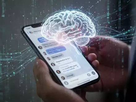 Leuchtende, stilisierte KI-Gehirnschnittstelle auf Smartphone-Bildschirm mit Messenger-App, digitale Datenströme im Hintergrund. - Foto: über boerse-global.de