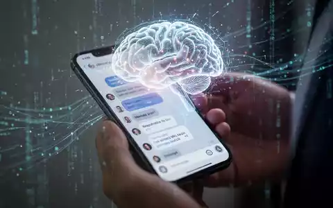 Leuchtende, stilisierte KI-Gehirnschnittstelle auf Smartphone-Bildschirm mit Messenger-App, digitale Datenströme im Hintergrund. - Foto: über boerse-global.de