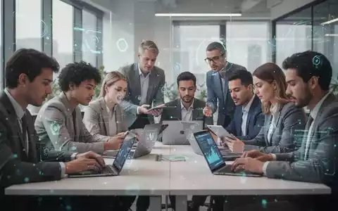 Geschäftsleute arbeiten in einem modernen Büro mit digitalen Geräten und Datenströmen, symbolisiert digitale Kompetenzentwicklung. - Foto: über boerse-global.de