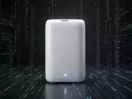 Weiße Apple AirPort Time Capsule auf dunklem Hintergrund, dezent beleuchtet, mit digitalen Linien als Datenfluss. - Foto: über boerse-global.de