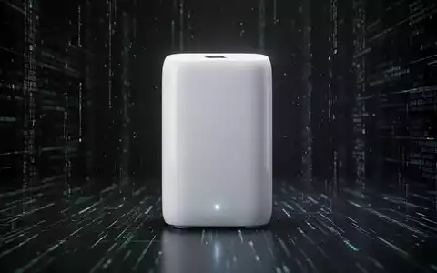 Weiße Apple AirPort Time Capsule auf dunklem Hintergrund, dezent beleuchtet, mit digitalen Linien als Datenfluss. - Foto: über boerse-global.de