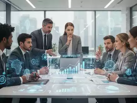 Eine Gruppe von Fachleuten bespricht HR- und Recruiting-Strategien in einem modernen Büro mit KI-Anzeigen. - Foto: über boerse-global.de