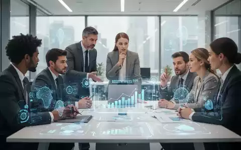 Eine Gruppe von Fachleuten bespricht HR- und Recruiting-Strategien in einem modernen Büro mit KI-Anzeigen. - Foto: über boerse-global.de