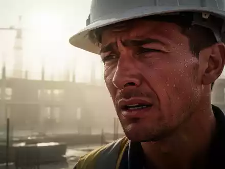 Ein erschöpfter Bauarbeiter schwitzt unter einem Helm, mit Hitzeflimmern im Hintergrund einer Baustelle. - Foto: über boerse-global.de