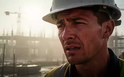Ein erschöpfter Bauarbeiter schwitzt unter einem Helm, mit Hitzeflimmern im Hintergrund einer Baustelle. - Foto: über boerse-global.de