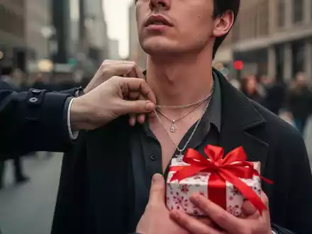 Eine Hand entwendet unbemerkt eine Halskette von einer abgelenkten Person, während die andere Hand ein Geschenk überreicht. - Foto: über boerse-global.de