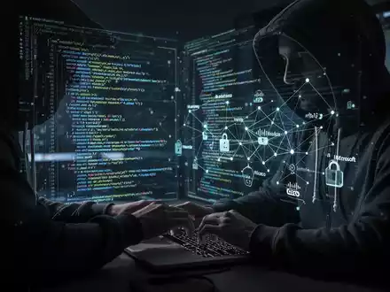 Person in Kapuzenjacke tippt auf Laptop, komplexer Code und Netzwerkdiagramme auf dem Bildschirm, symbolisiert Cybersicherheitslücken. - Foto: über boerse-global.de