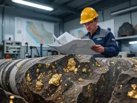 Nahaufnahme einer Bohrkernprobe aus einer Goldmine mit sichtbaren Goldpartikeln und einem Ingenieur im Hintergrund. - Foto: über boerse-global.de
