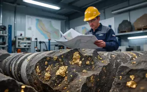 Nahaufnahme einer Bohrkernprobe aus einer Goldmine mit sichtbaren Goldpartikeln und einem Ingenieur im Hintergrund. - Foto: über boerse-global.de