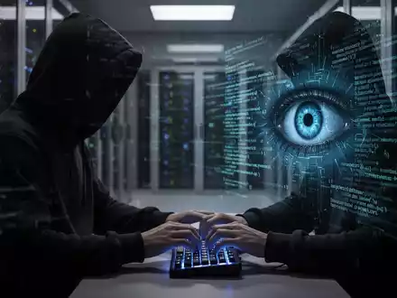 Eine Person in einem Kapuzenpullover tippt auf einer beleuchteten Tastatur, mit einem digitalen Auge und Code auf dem Bildschirm. - Foto: über boerse-global.de