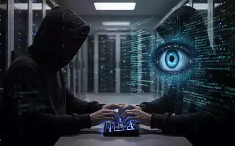 Eine Person in einem Kapuzenpullover tippt auf einer beleuchteten Tastatur, mit einem digitalen Auge und Code auf dem Bildschirm. - Foto: über boerse-global.de
