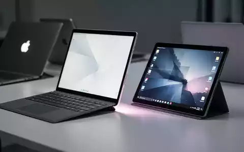 Microsoft Surface Pro-Tablet und Surface Laptop auf einem Schreibtisch, die neue, günstigere Modelle repräsentieren. Ein verschwommener Konkurrenz-Laptop im Hintergrund. - Foto: über boerse-global.de