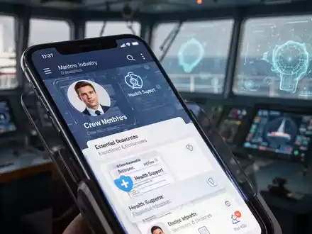 Smartphone mit maritimer App für Crew-Dokumente und Gesundheitsunterstützung, im Hintergrund Brücke und KI-Schnittstelle. - Foto: über boerse-global.de