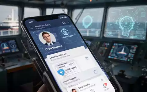 Smartphone mit maritimer App für Crew-Dokumente und Gesundheitsunterstützung, im Hintergrund Brücke und KI-Schnittstelle. - Foto: über boerse-global.de