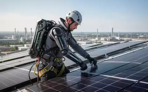 Ein Arbeiter trägt ein futuristisches Exoskelett, das mit Absturzsicherung kombiniert ist, während er Solarmodule auf einem Dach installiert. - Foto: über boerse-global.de