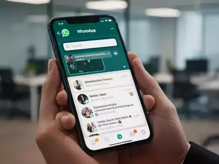 Handy mit WhatsApp-Kanal-Suche in der Hand, unscharfes modernes Büro im Hintergrund. - Foto: über boerse-global.de
