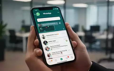 Handy mit WhatsApp-Kanal-Suche in der Hand, unscharfes modernes Büro im Hintergrund. - Foto: über boerse-global.de