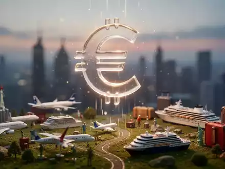 Eine schwebende, leuchtende Euro-Münze über einer Miniaturlandschaft mit Reiseikonen wie Flugzeugen und Kreuzfahrtschiffen, die finanzielle Entlastung symbolisiert. - Foto: über boerse-global.de