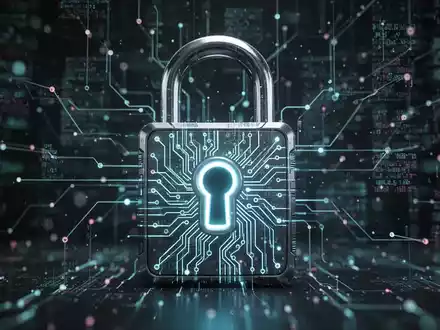 Ein stilisiertes digitales Vorhängeschloss mit leuchtenden Schaltkreisen vor einem verschwommenen Hintergrund aus abstrakten Netzwerkdaten. - Foto: über boerse-global.de