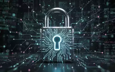 Ein stilisiertes digitales Vorhängeschloss mit leuchtenden Schaltkreisen vor einem verschwommenen Hintergrund aus abstrakten Netzwerkdaten. - Foto: über boerse-global.de