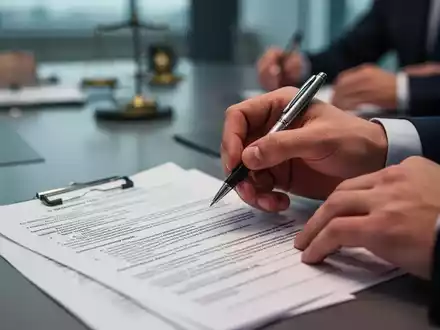 Hände halten einen Stift über einem Vertrag, im Hintergrund ein unscharfes Büro, symbolisiert Arbeitszeitreform und Bürokratie. - Foto: über boerse-global.de